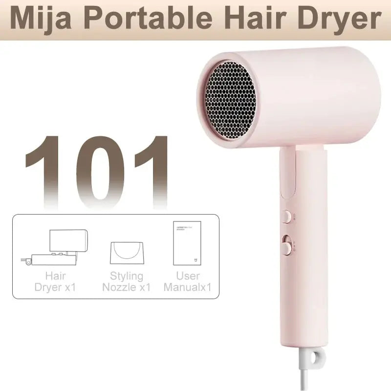 Mija Portable Hair Dryer with packaging showing hair dryer, nozzle, and user manual on a white background.