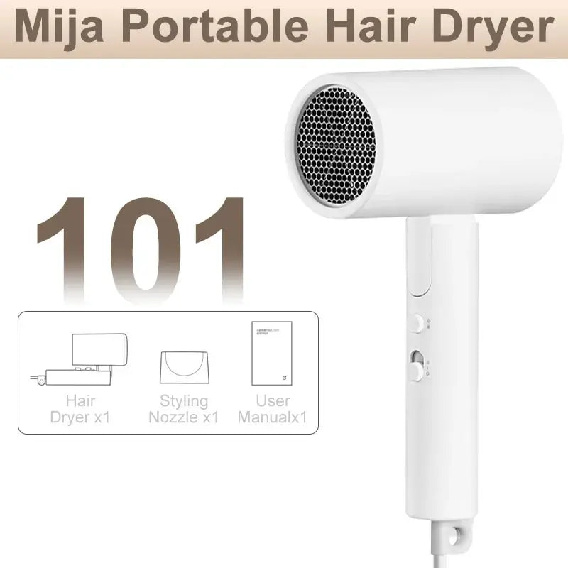 Mija Portable Hair Dryer with packaging showing hair dryer, nozzle, and user manual on a white background.