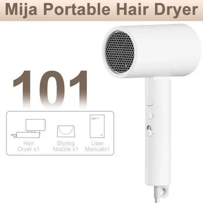 Mija Portable Hair Dryer with packaging showing hair dryer, nozzle, and user manual on a white background.