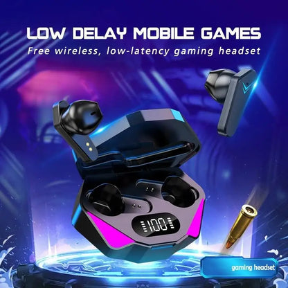 Wireless gaming headset with charging case on a dynamic background