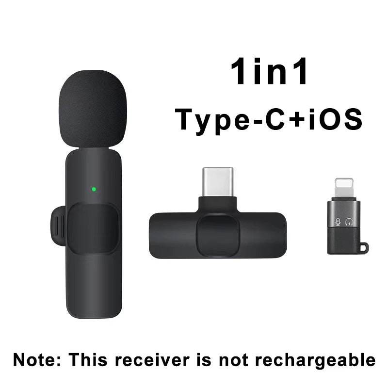 Black 1in1 Type-C+iOS receiver on a white background with text indicating compatibility and rechargeability status.