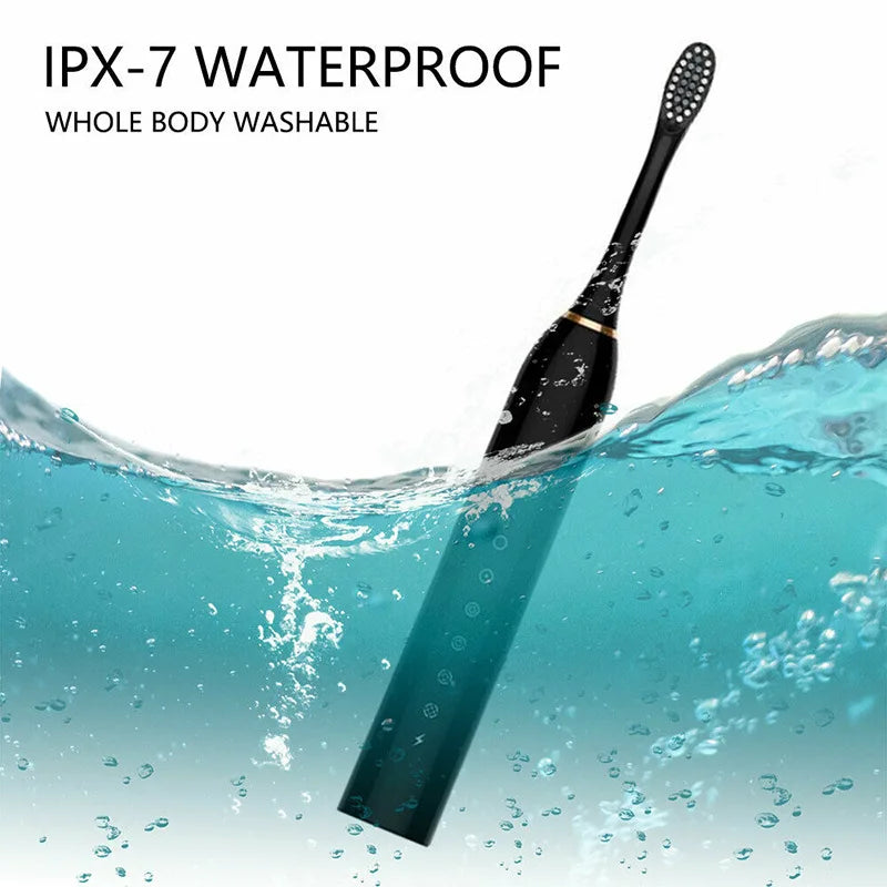 Black electric toothbrush with water splash and text indicating IPX-7 waterproof rating.