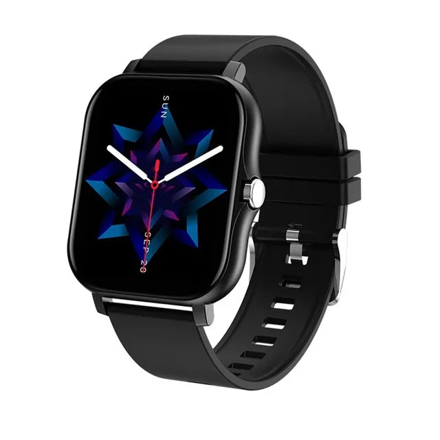 Black smartwatch with a colorful display on a white background