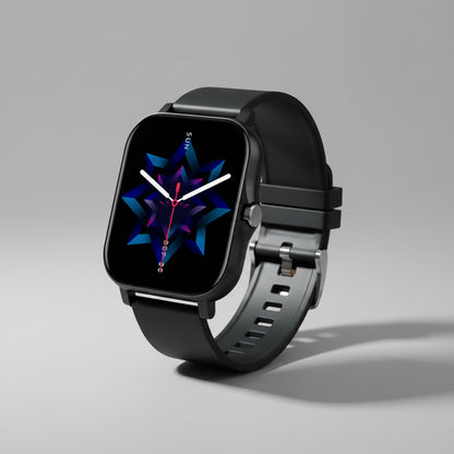 Black smartwatch with a colorful display on a white background