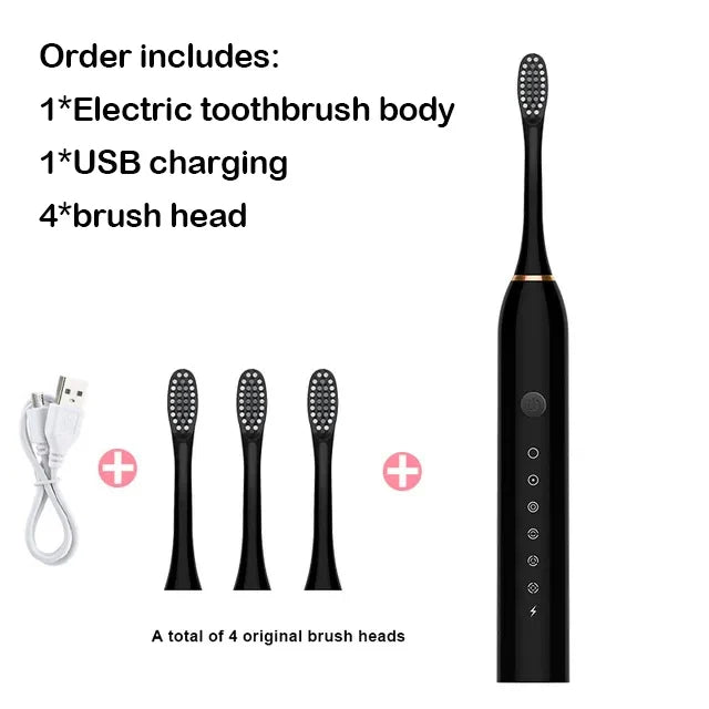 Black electric toothbrush with USB charging cable and four brush heads on a white background
