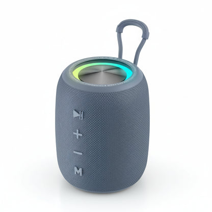 Blue portable speaker with a carabiner on a white background