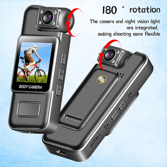 Ultra HD 4K WiFi mini body camera with 180 degree rotation feature on light blue background
