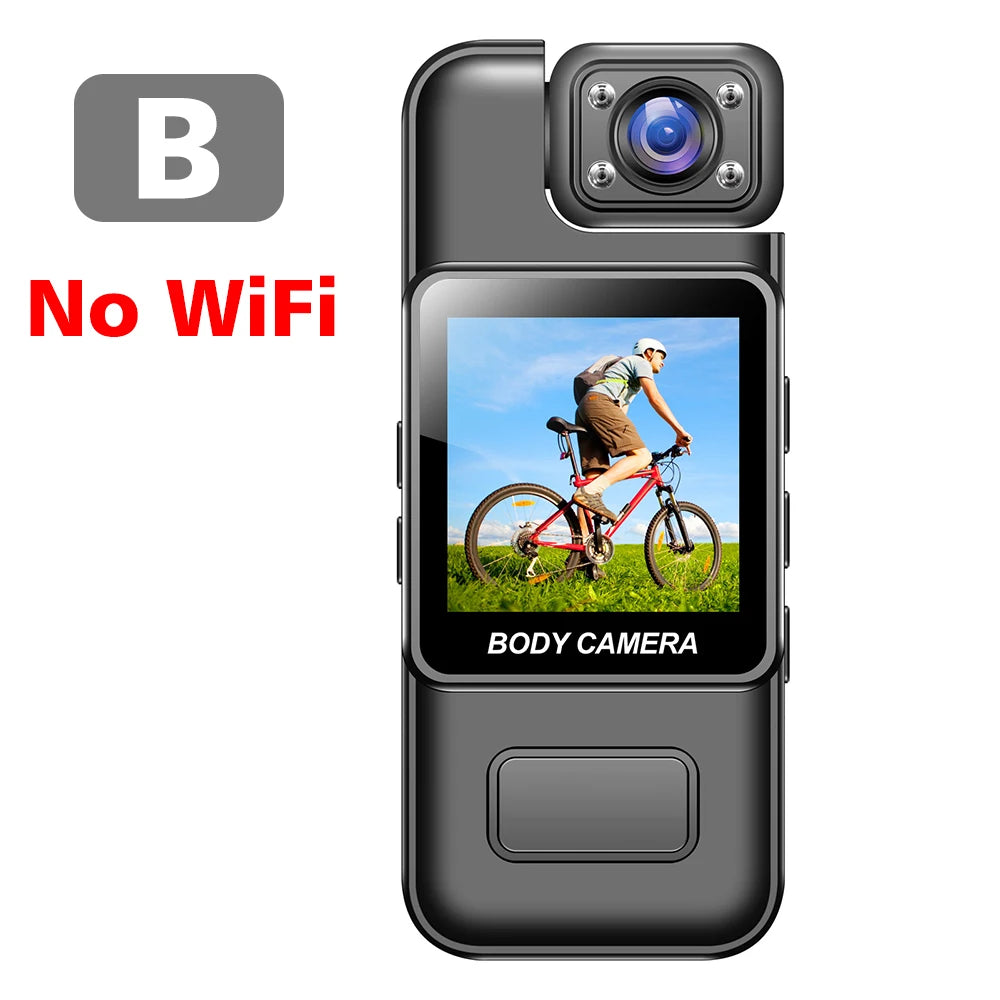 Body camera with screen displaying a person on a bike, labeled 'No WiFi' on a white background.
