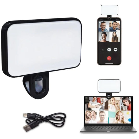 Lighting device with USB cable, smartphone displaying video call, and laptop showing video chat interface on a white background.