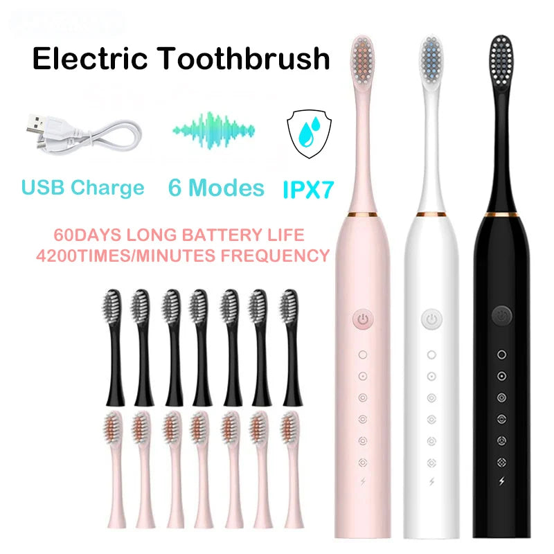 Electric toothbrush set with multiple brushes, charging cable, and features listed on a white background.