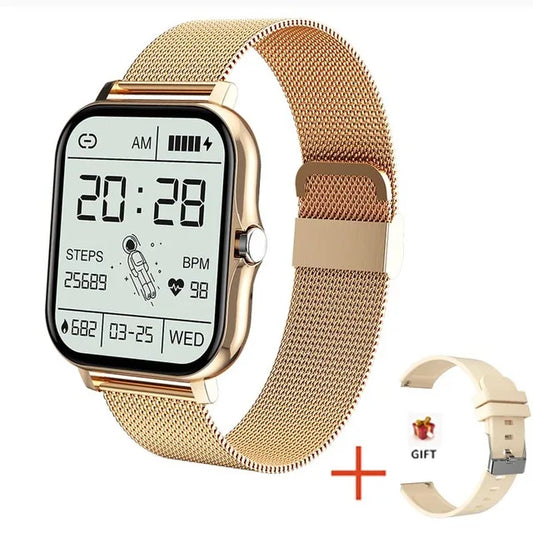 Gold smartwatch with digital display on a white background
