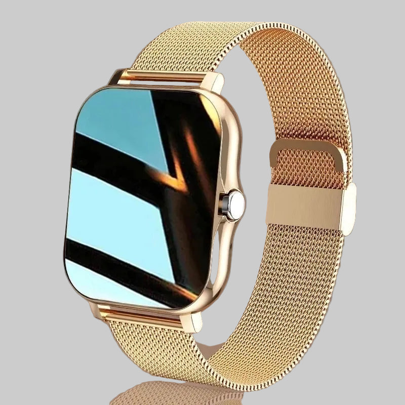 Gold smartwatch with a mesh band on a brown background