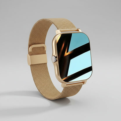 Gold smartwatch with a mesh band on a brown background