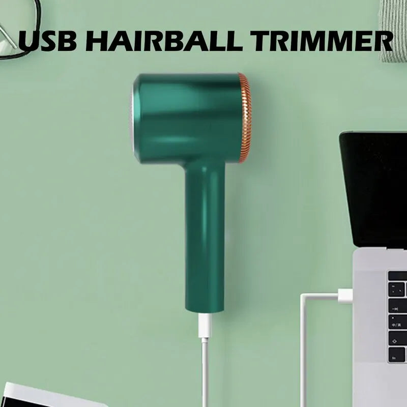 Green USB hairball trimmer on a light green background with text 'USB HAIRBALL TRIMMER'.