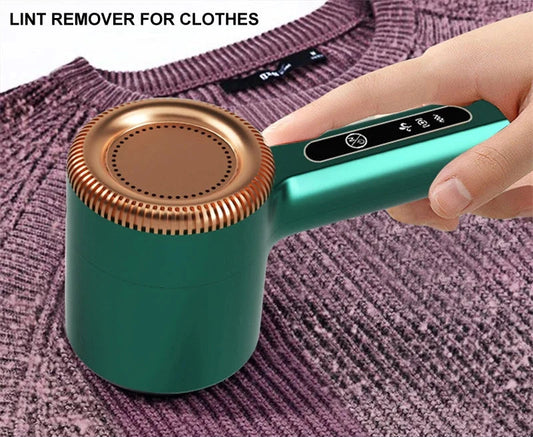 Lint remover for clothes held by a hand on a textured fabric background with promotional text.