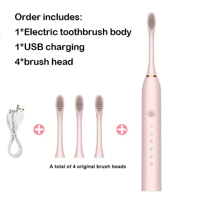 Electric toothbrush set with body, USB charging cable, and four brush heads on a white background.