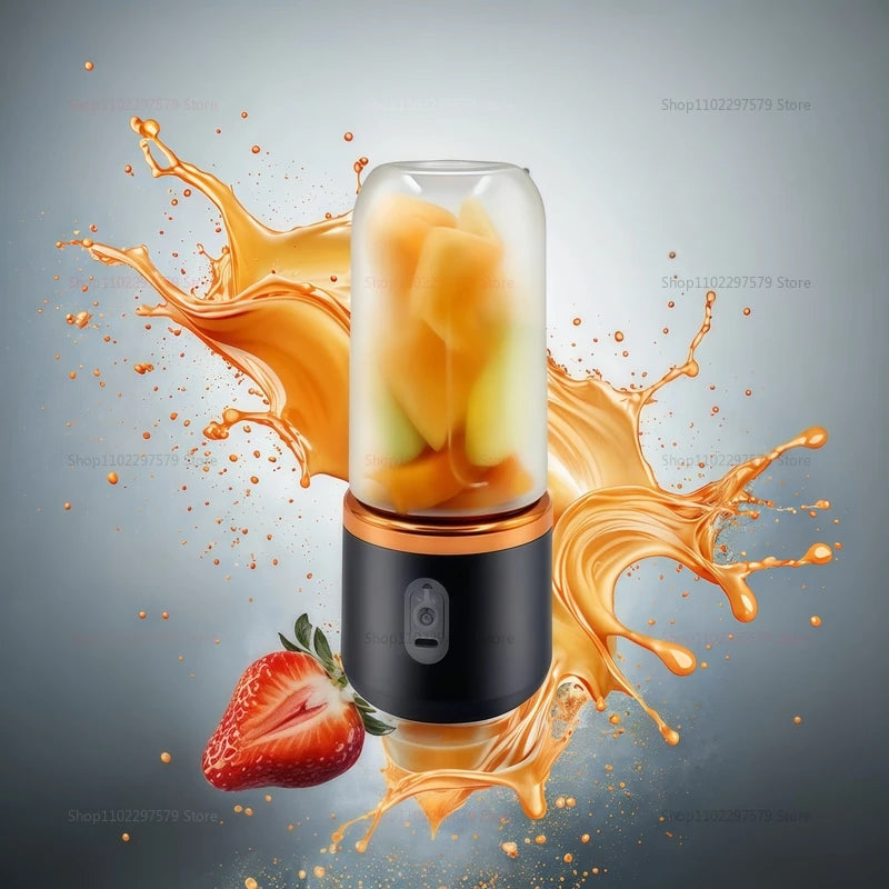 Portable blender with fruit inside, surrounded by orange juice splashes on a gray background