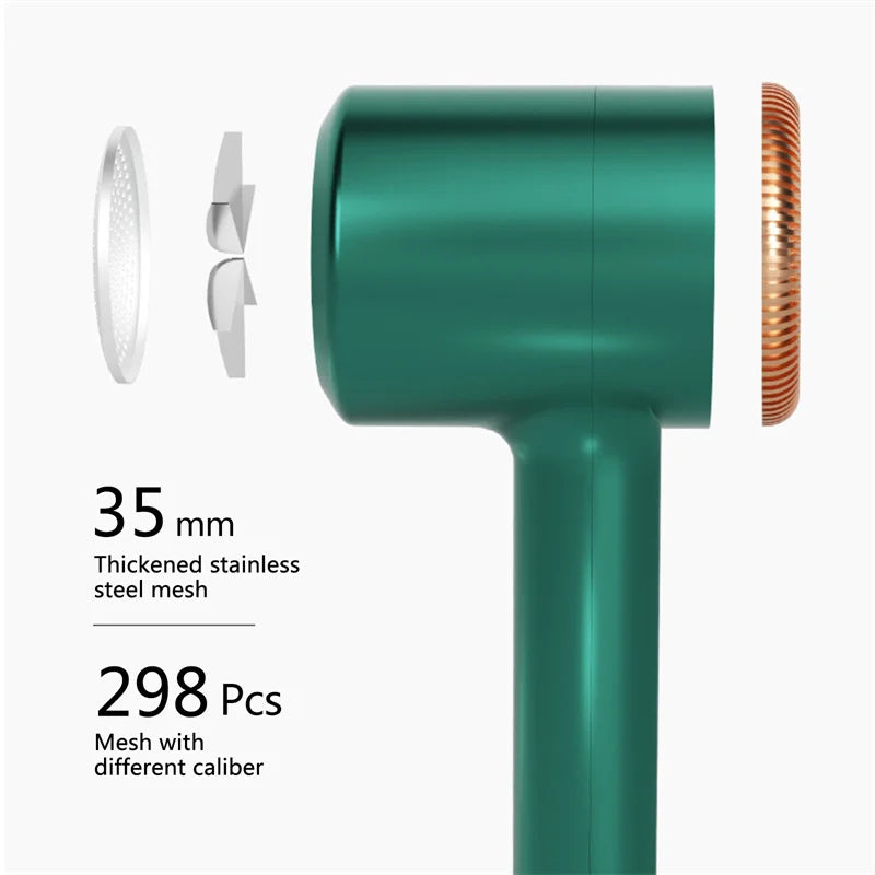 Green handheld device with mesh attachments on a white background