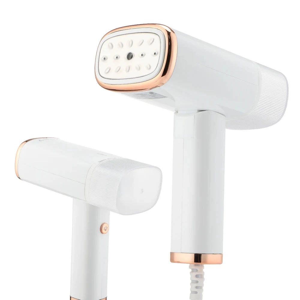White and rose gold handheld steamer on a white background