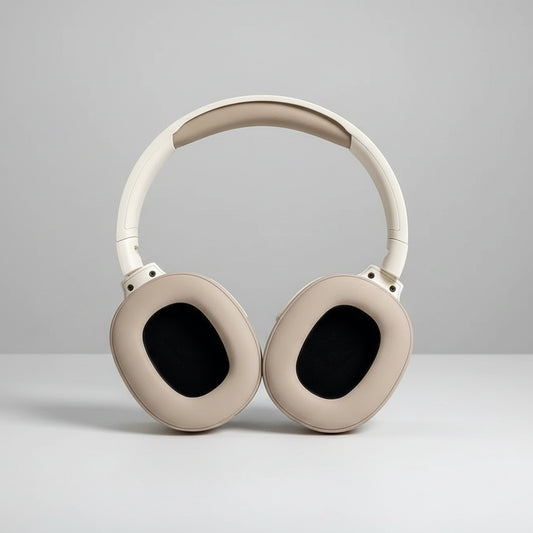 Beige headphones on a white marble surface