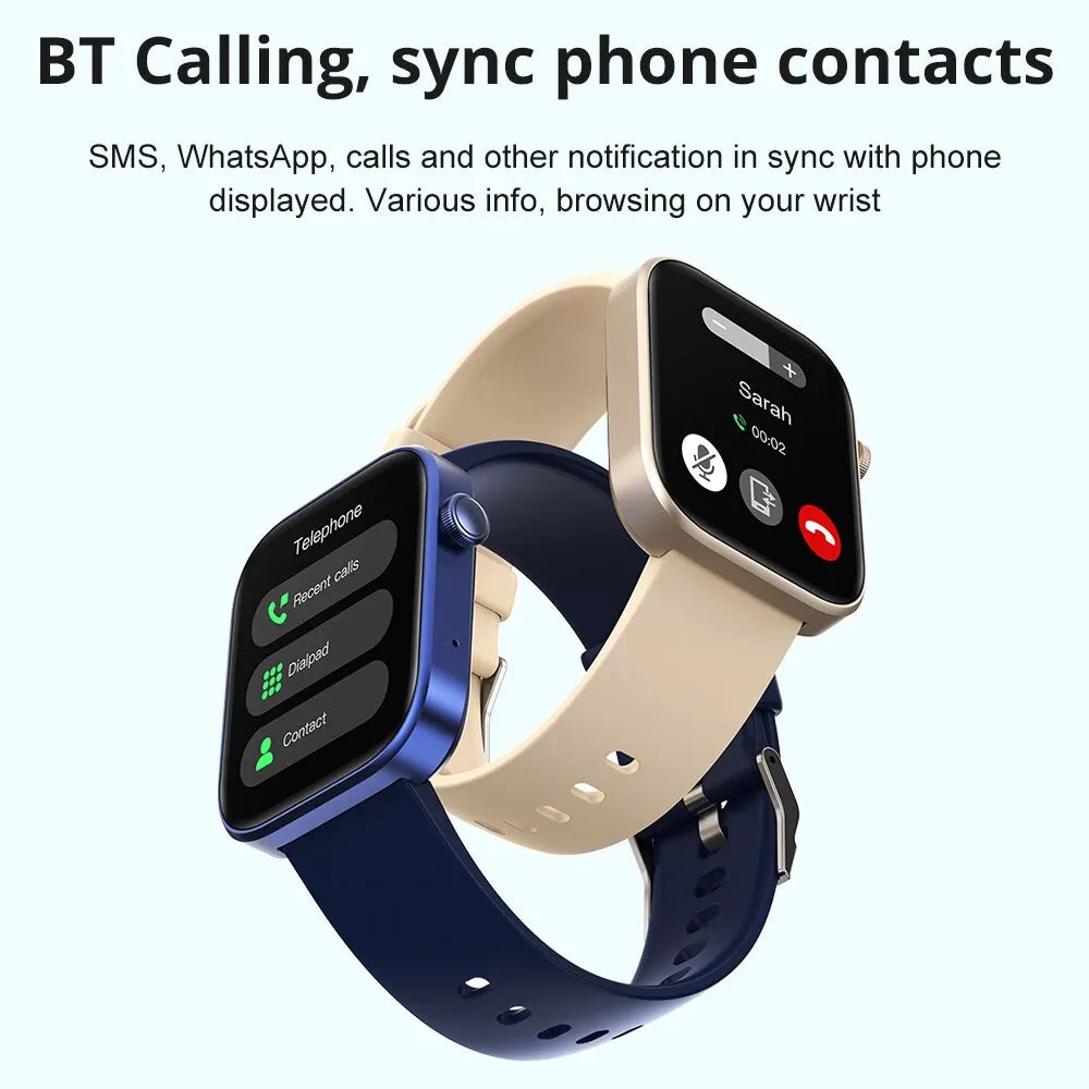 Smartwatch with blue and beige bands displaying phone interface on a white background