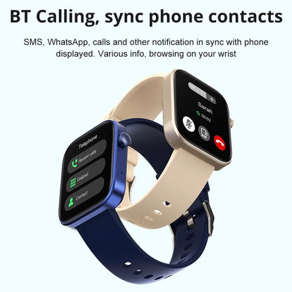 Smartwatch with blue and beige bands displaying phone interface on a white background