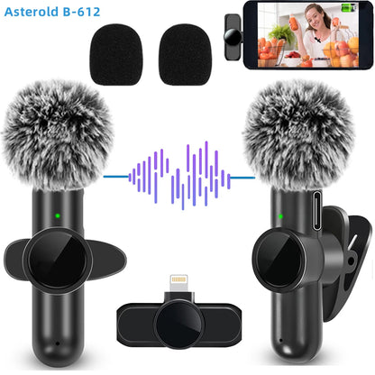 Two wireless microphones with fur-covered capsules, a receiver, and a smartphone clip on a white background.
