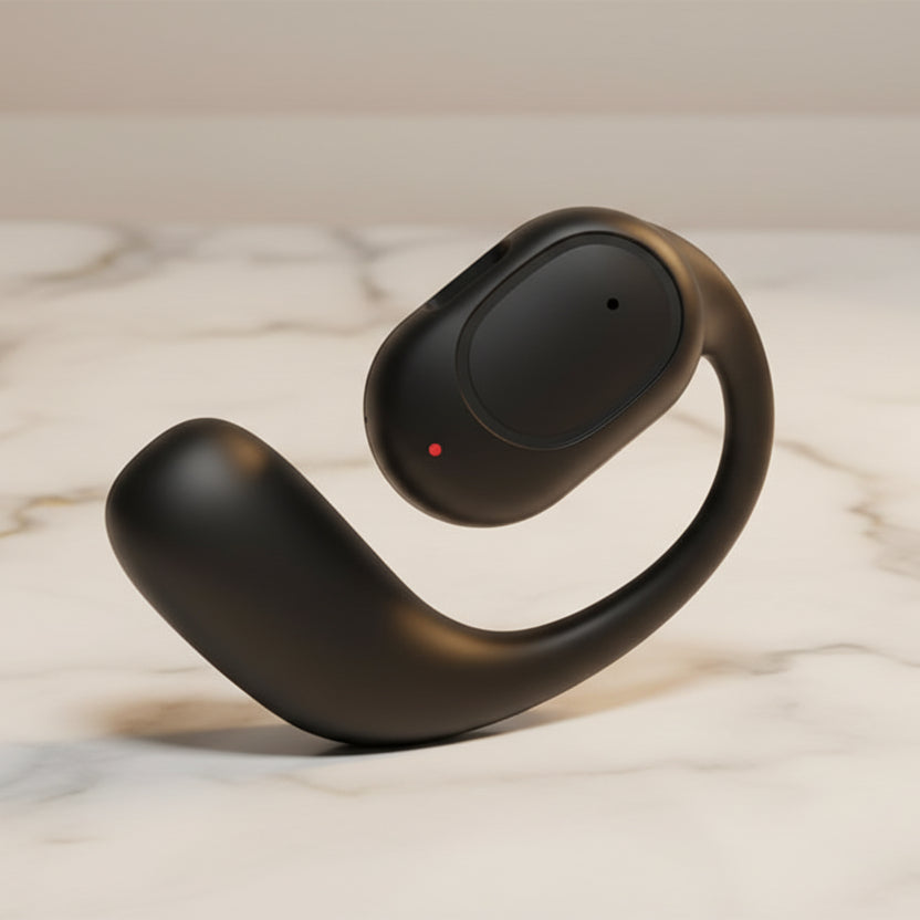 Black single ear Bluetooth headset on a dark background with text about battery life and features.