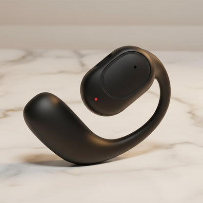 Black single ear Bluetooth headset on a dark background with text about battery life and features.