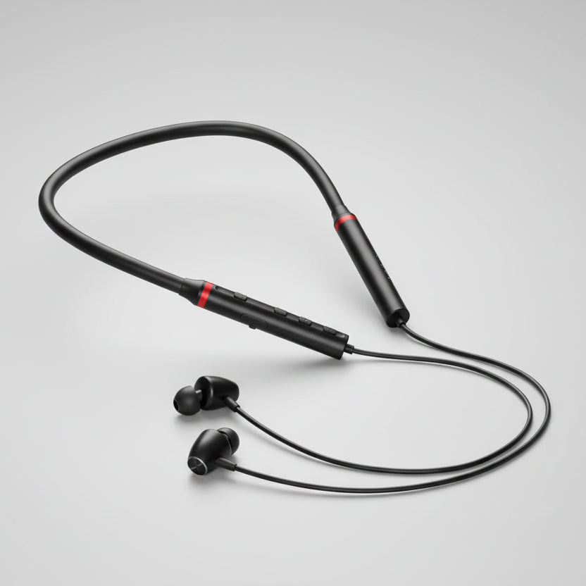Lenovo Bluetooth earphones on a textured surface with brand logo and product description.