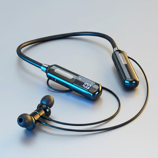 Bluetooth earbuds with charging cable on a wet surface, featuring the EARDECO brand.