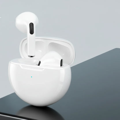 White wireless earbuds in a charging case with features listed on the left.