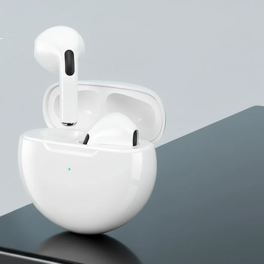 White wireless earbuds in a charging case with features listed on the left.