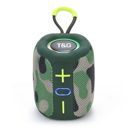 Green camouflage portable speaker with T&G branding on a white background
