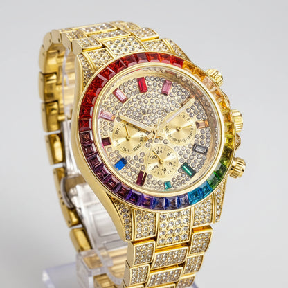 Luxury watch with gold case, multicolored gemstones, and detailed face on a black background