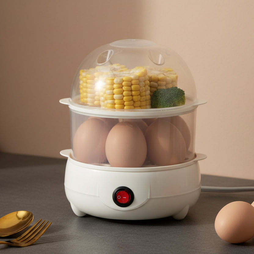 Egg boiler with eggs, corn, and broccoli on a beige background