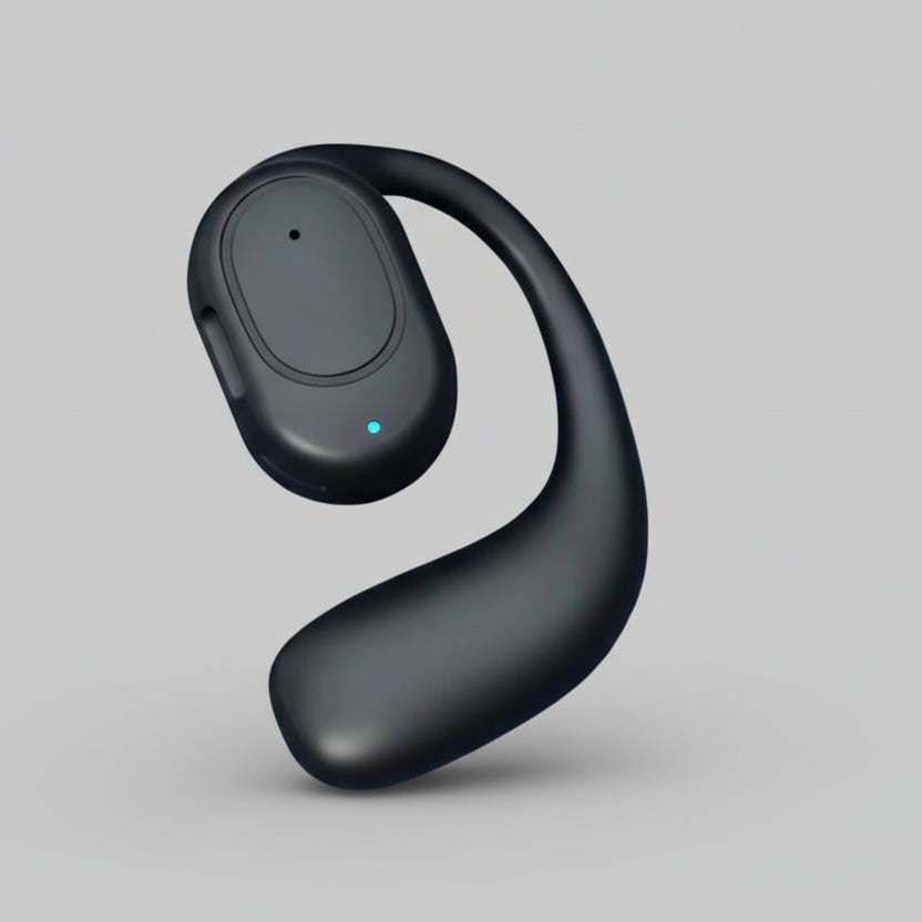 Black wireless earbud with charging port on a blue and gray gradient background