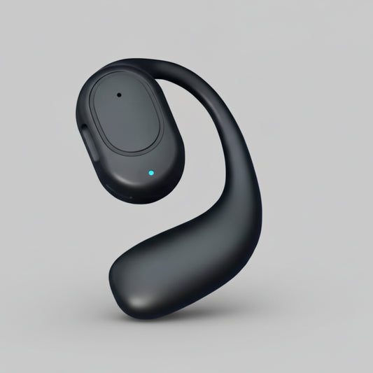 Black wireless earbud with charging port on a blue and gray gradient background