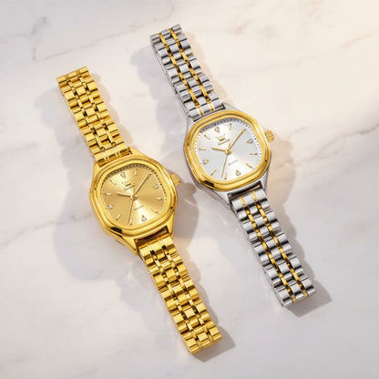 Two gold and silver watches on a beige fabric background with OLEVS logo.