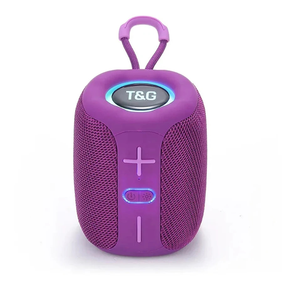 Purple portable speaker with T&G branding on a white background