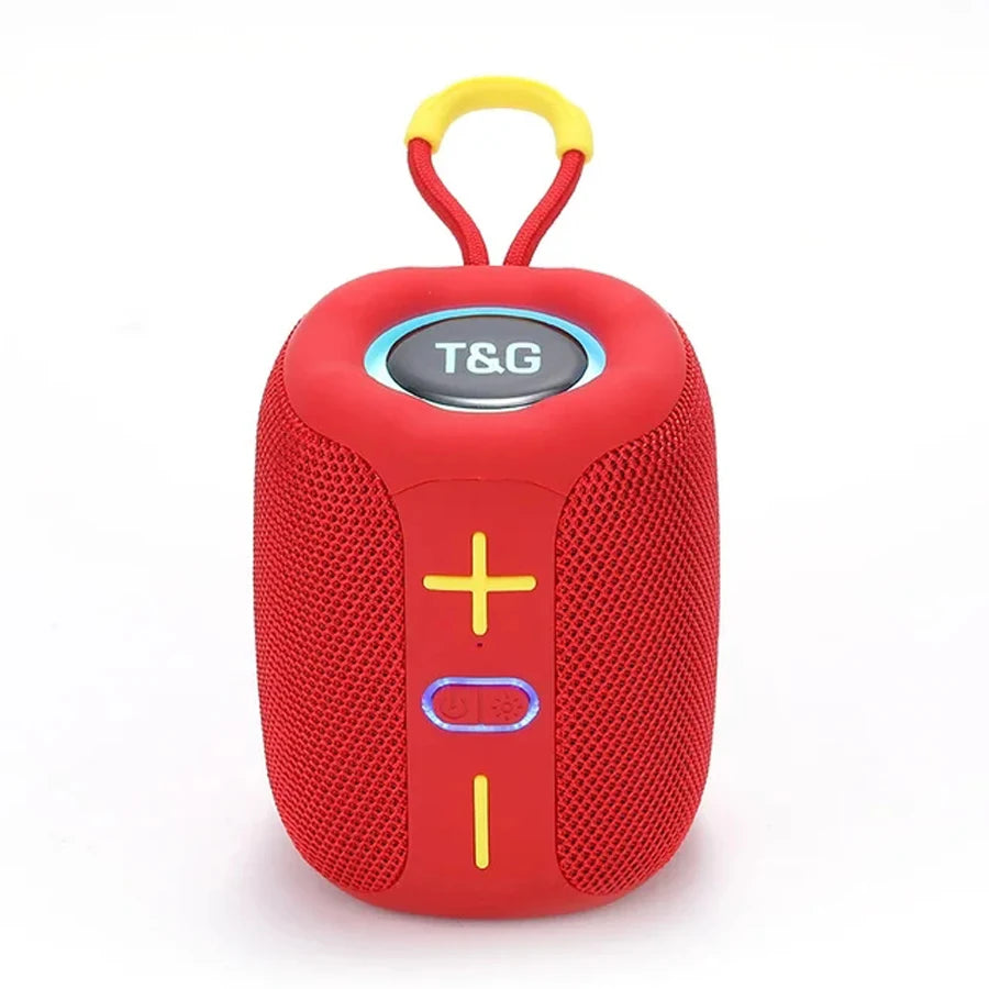 Red portable speaker with a yellow handle and control buttons on a white background