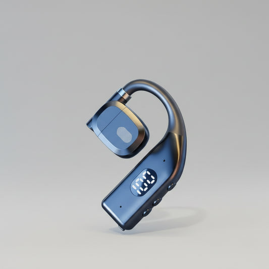 Wireless earbuds with digital display on a dark background