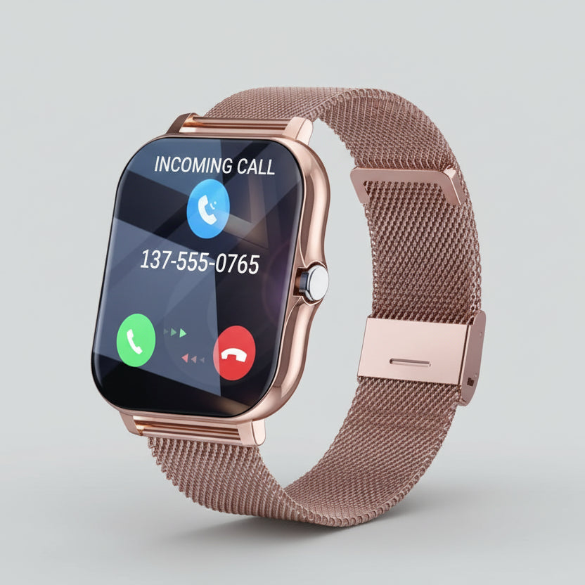 Smartwatch with various features and icons on a beige background