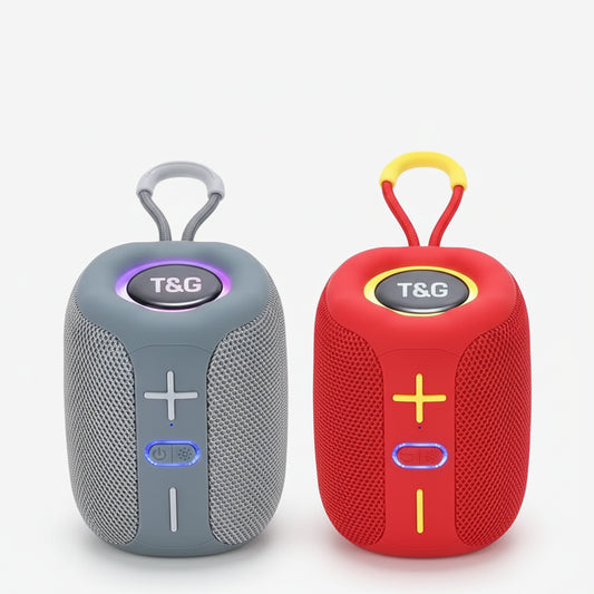 Two portable speakers, one gray and one red, with features listed above them on a white background.