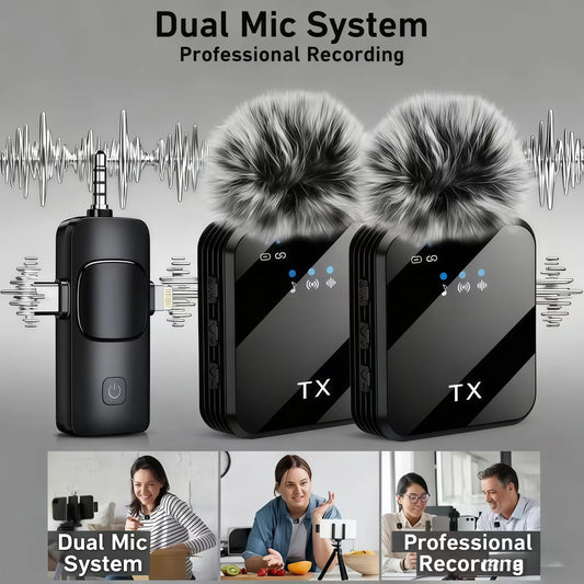 Dual microphone system with 'TX' devices and a receiver, used for professional recording.