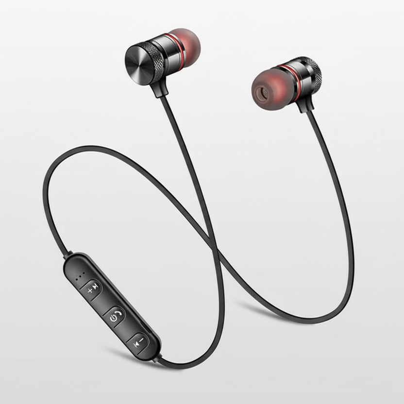 Black neckband headphone with control panel on a white background