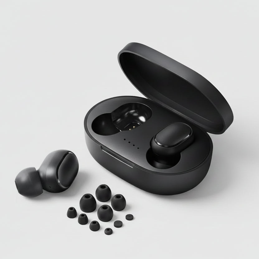 Black wireless earbuds with charging case on a white background, featuring Bluetooth 5.0 and touch control indicators.
