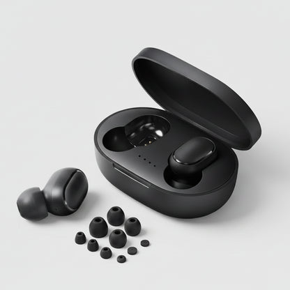 Black wireless earbuds with charging case on a white background, featuring Bluetooth 5.0 and touch control indicators.