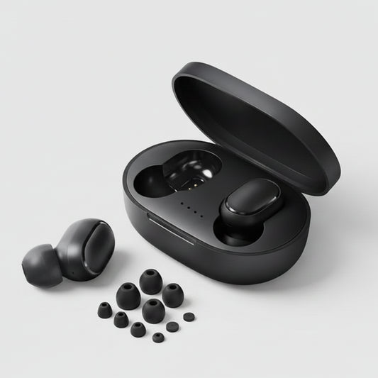 Black wireless earbuds with charging case on a white background, featuring Bluetooth 5.0 and touch control indicators.