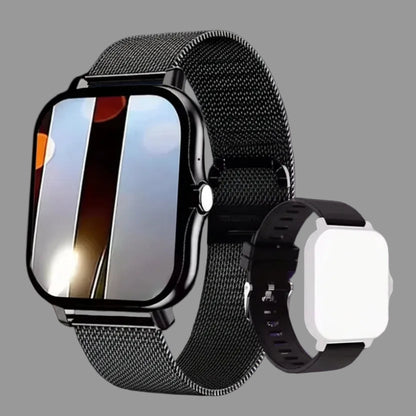 Smartwatch with black metal band and additional band on a reflective surface